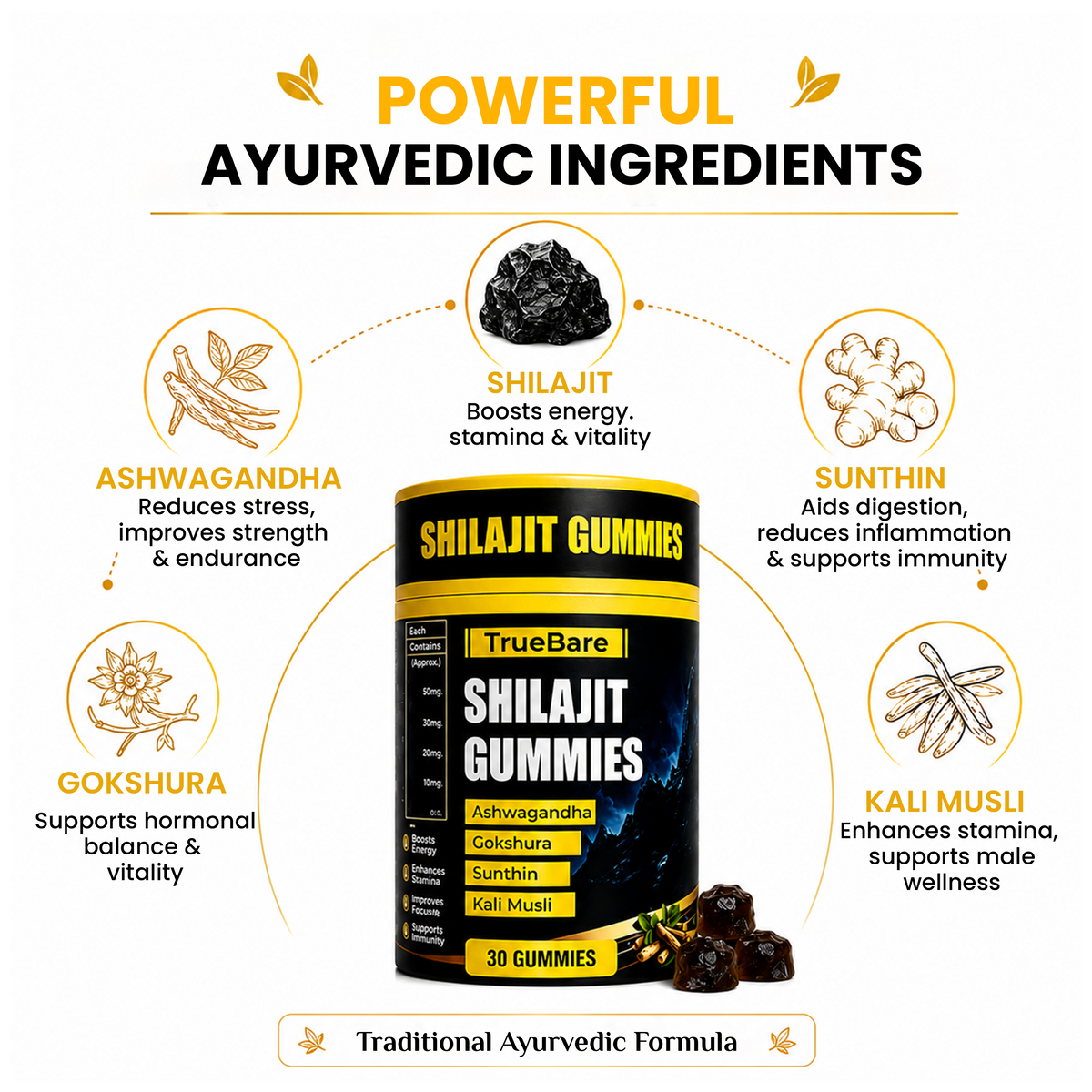 TrueBare Shilajit Gummies – Energy, Immunity & Vitality Support with Ashwagandha for Men’s Wellness