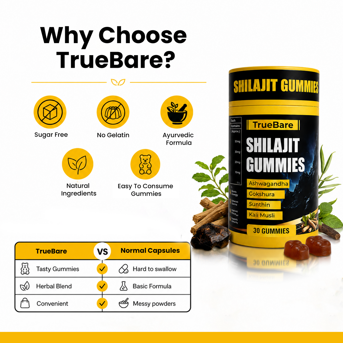 TrueBare Shilajit Gummies – Energy, Immunity & Vitality Support with Ashwagandha for Men’s Wellness