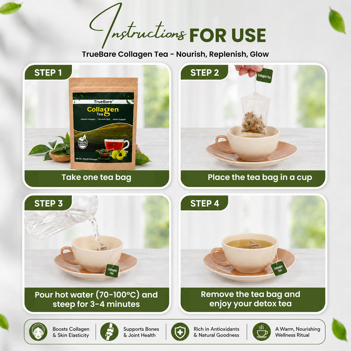 TrueBare Collagen Tea Blend – Herbal Collagen Tea for Glowing Skin & Strong Hair with Bioactive Collagen Peptides