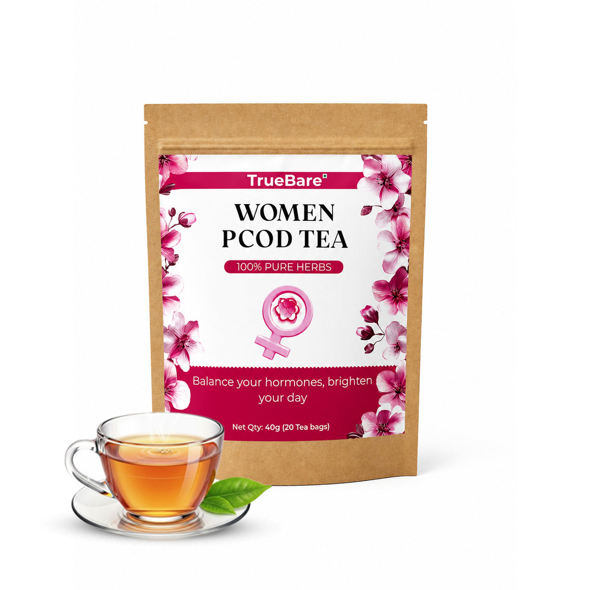 TrueBare PCOD Tea – Hormone Balancing Wellness Tea for Women’s Health, Relaxation & Caffeine-Free Daily Support