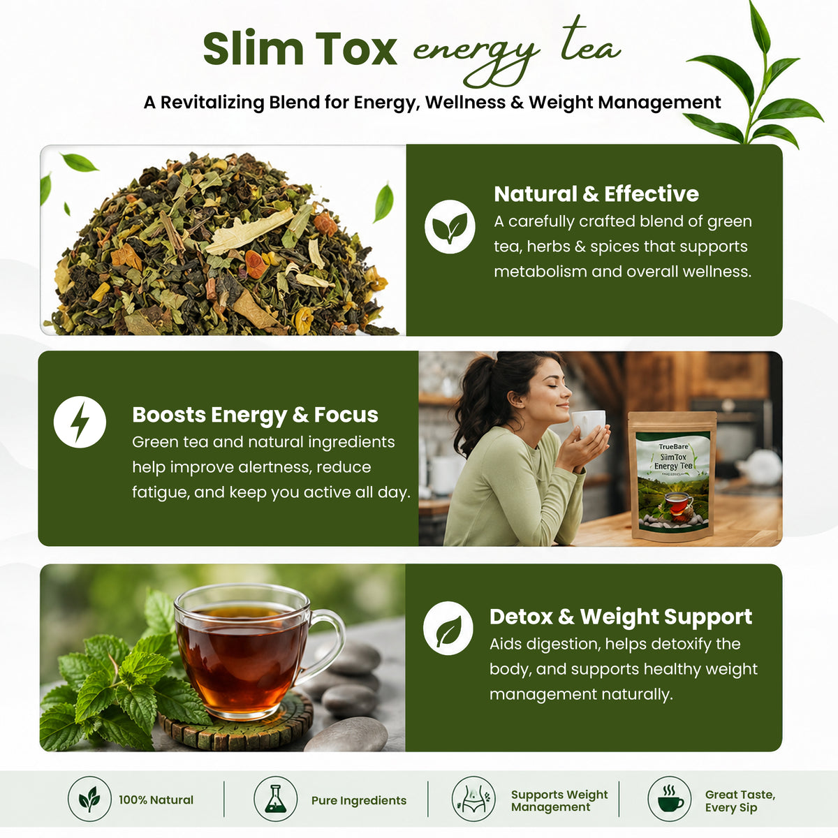 TrueBare Herbal Tea for Weight Loss & Energy Tea – Herbal Green Tea with Mint for Metabolism, Digestion & Natural Vitality