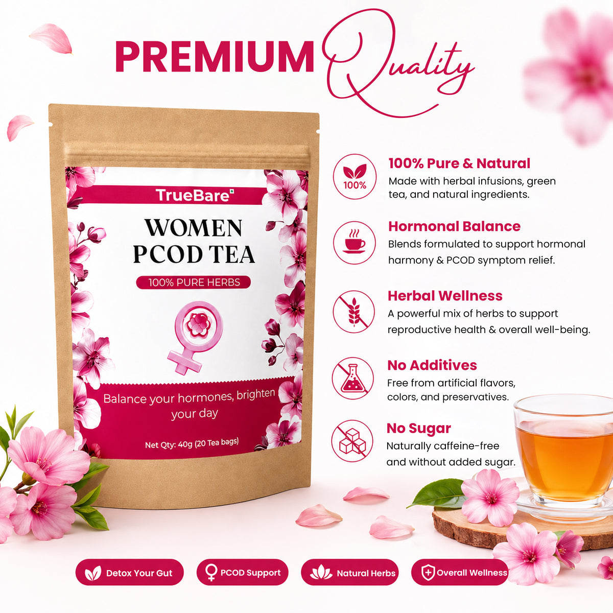 TrueBare PCOD Tea – Hormone Balancing Wellness Tea for Women’s Health, Relaxation & Caffeine-Free Daily Support