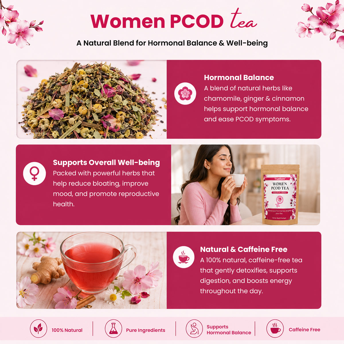 TrueBare PCOD Tea – Hormone Balancing Wellness Tea for Women’s Health, Relaxation & Caffeine-Free Daily Support