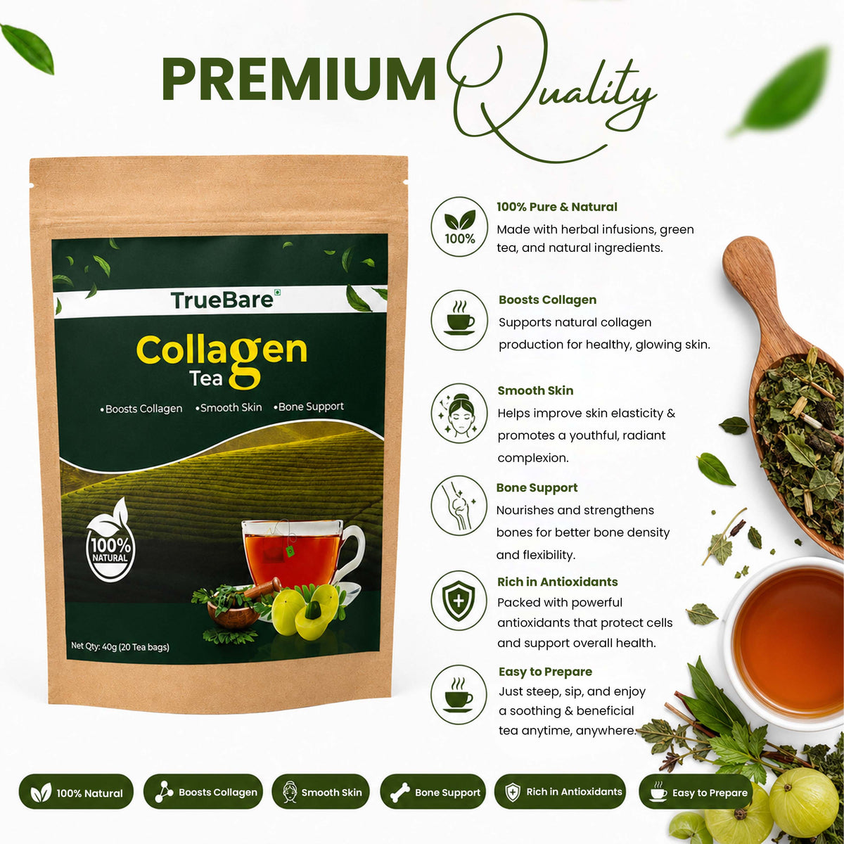 TrueBare Collagen Tea Blend – Herbal Collagen Tea for Glowing Skin & Strong Hair with Bioactive Collagen Peptides
