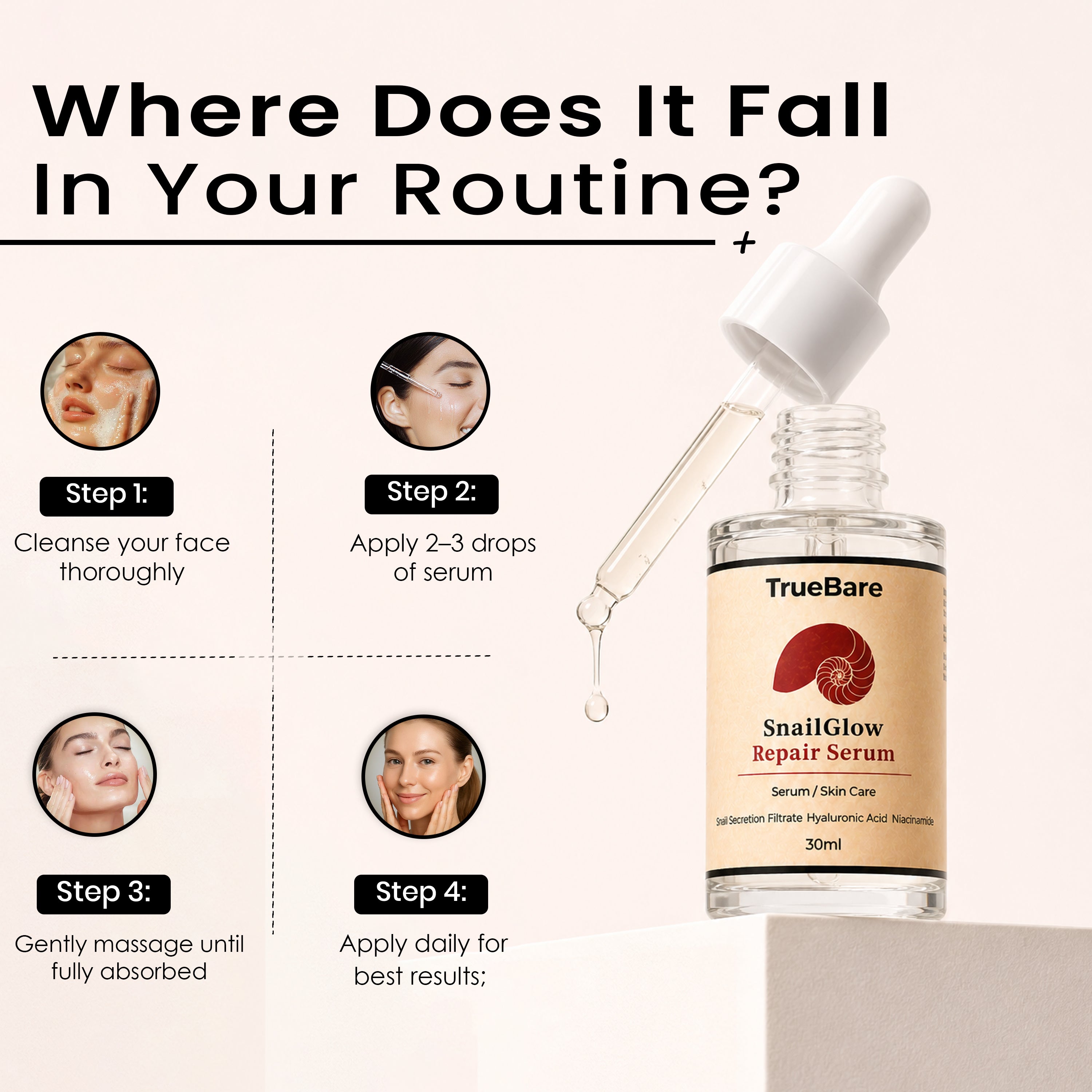 TrueBare SnailGlow Repair Serum – Snail Mucin Serum with Niacinamide & Hyaluronic Acid for Deep Hydration & Skin Repair