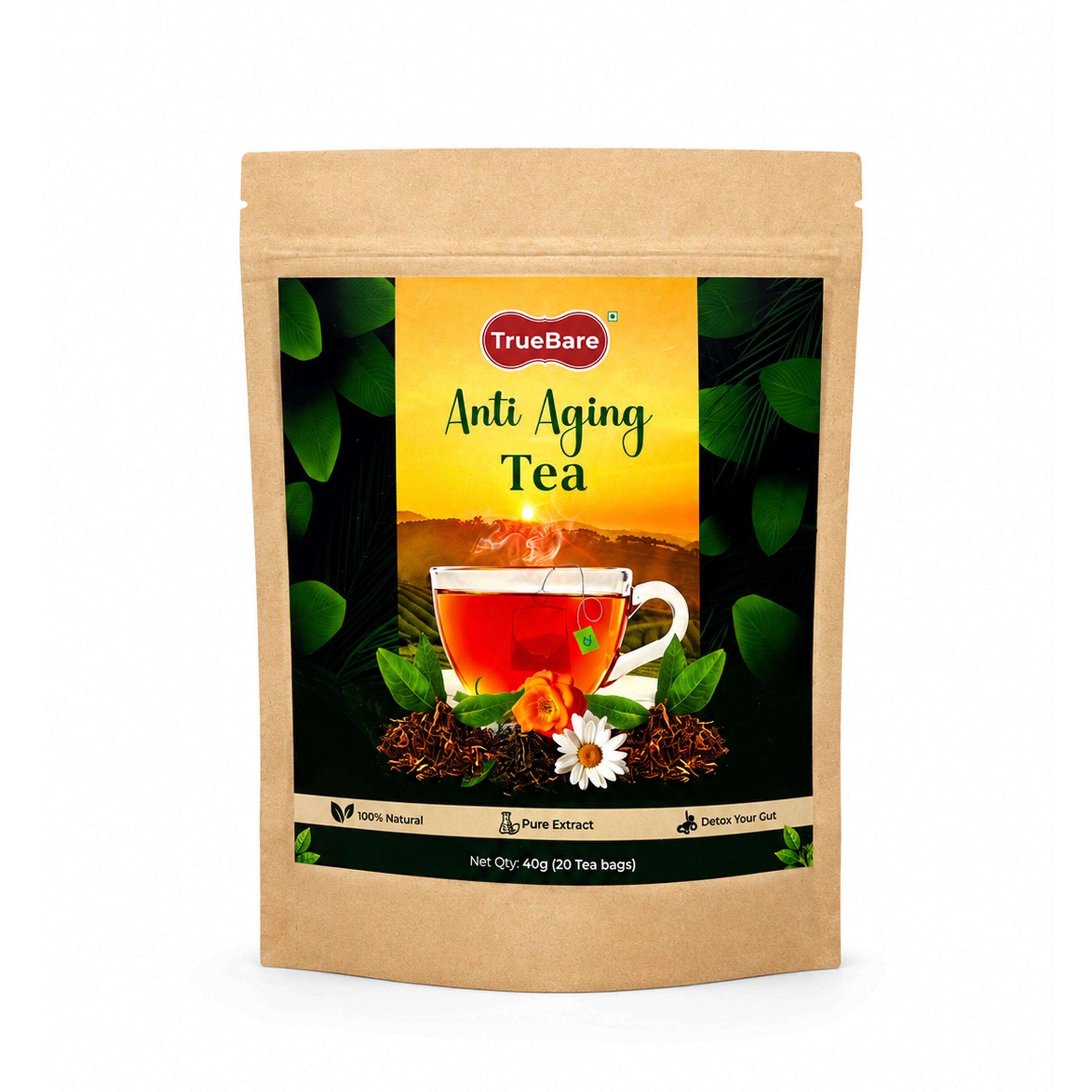 TrueBare Anti Aging Tea – Ashwagandha, Tulsi, Turmeric & Ginger Herbal Green Tea for Wellness & Youthful Skin