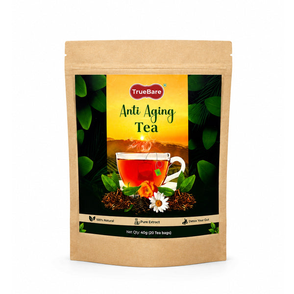 TrueBare Anti Aging Tea – Ashwagandha, Tulsi, Turmeric & Ginger Herbal Green Tea for Wellness & Youthful Skin