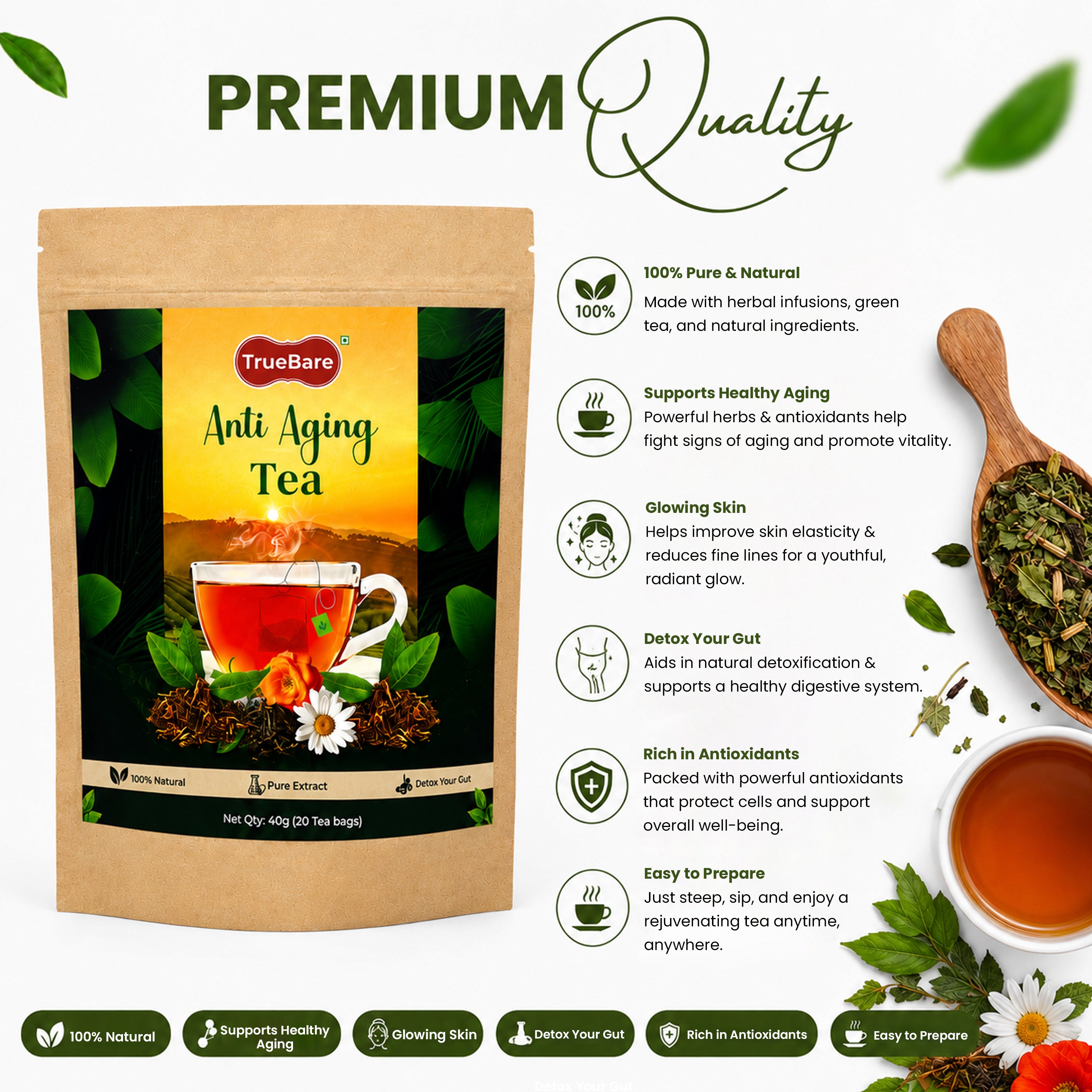 TrueBare Anti Aging Tea – Ashwagandha, Tulsi, Turmeric & Ginger Herbal Green Tea for Wellness & Youthful Skin