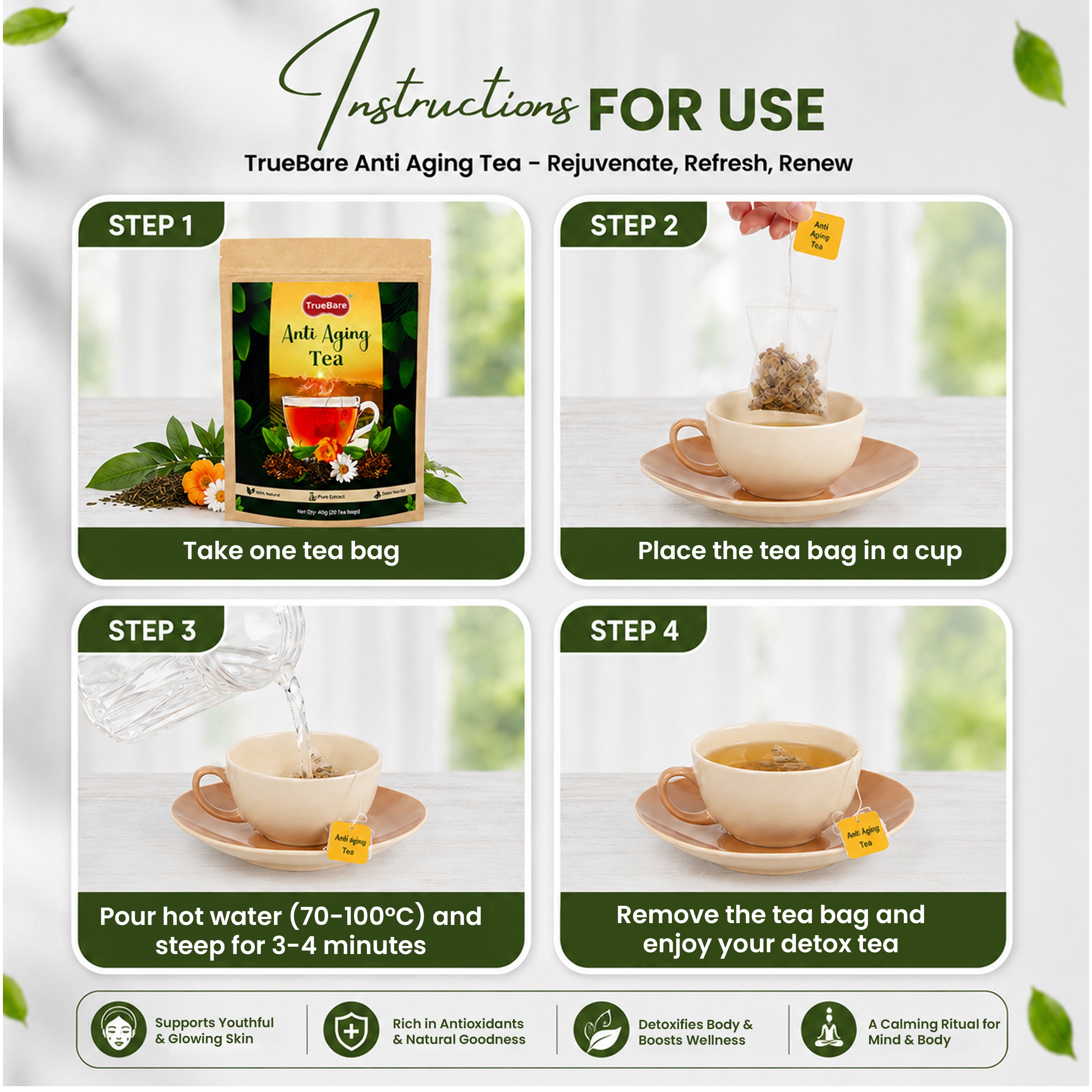TrueBare Anti Aging Tea – Ashwagandha, Tulsi, Turmeric & Ginger Herbal Green Tea for Wellness & Youthful Skin
