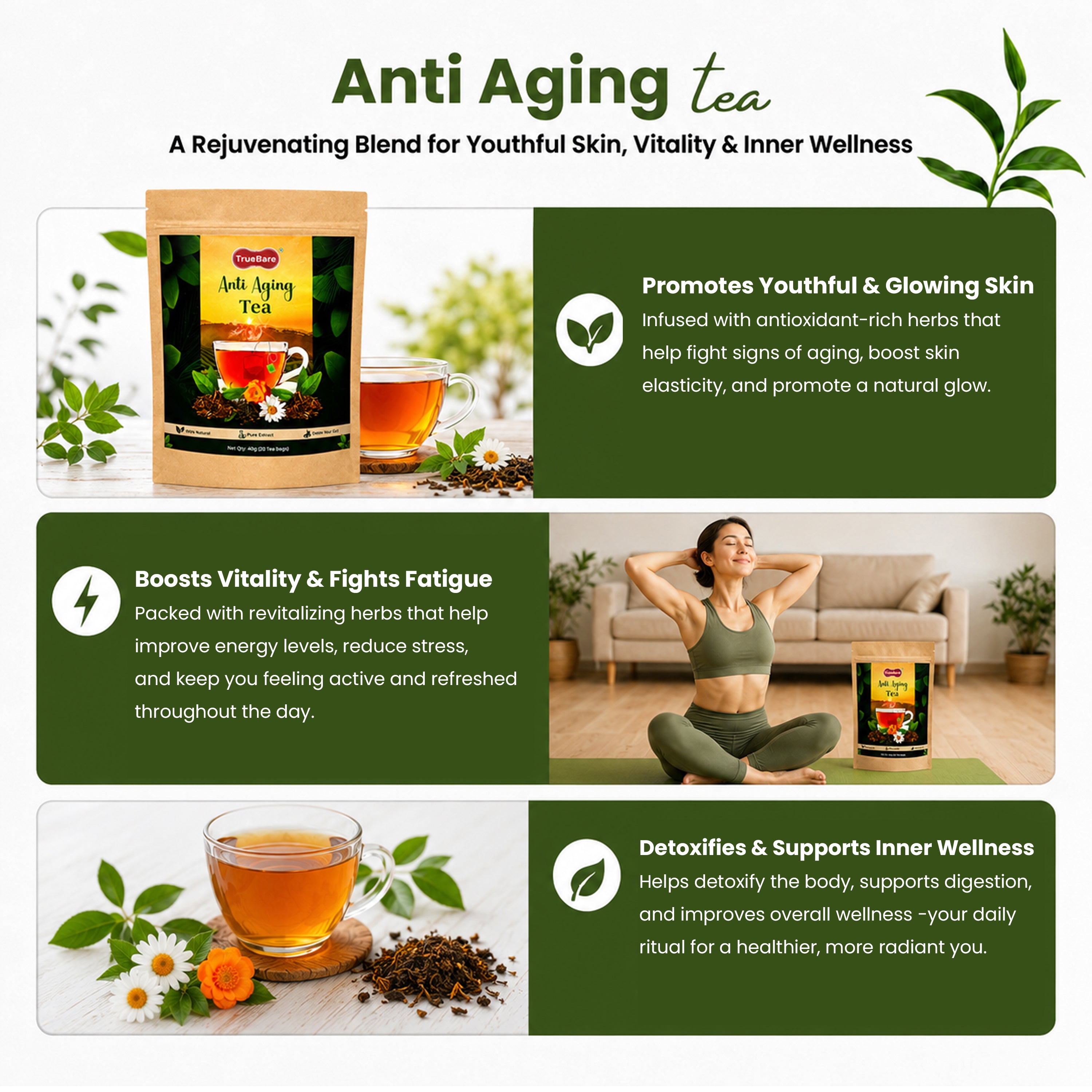 TrueBare Anti Aging Tea – Ashwagandha, Tulsi, Turmeric & Ginger Herbal Green Tea for Wellness & Youthful Skin