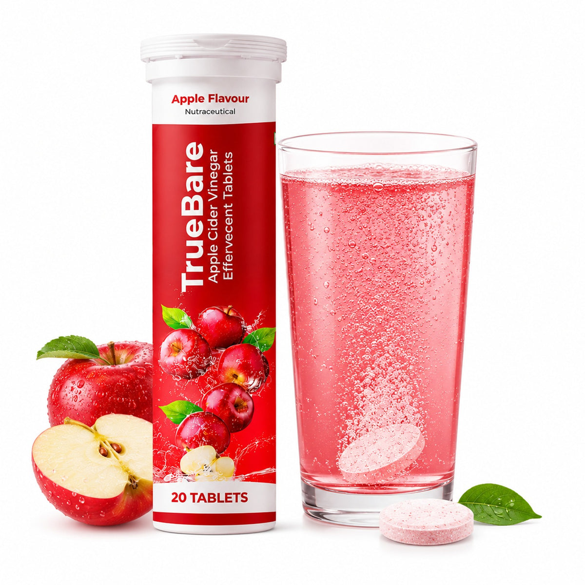 TrueBare Apple Cider Vinegar Tablets with B12 – Effervescent ACV Tablets for Energy & Digestive Wellness