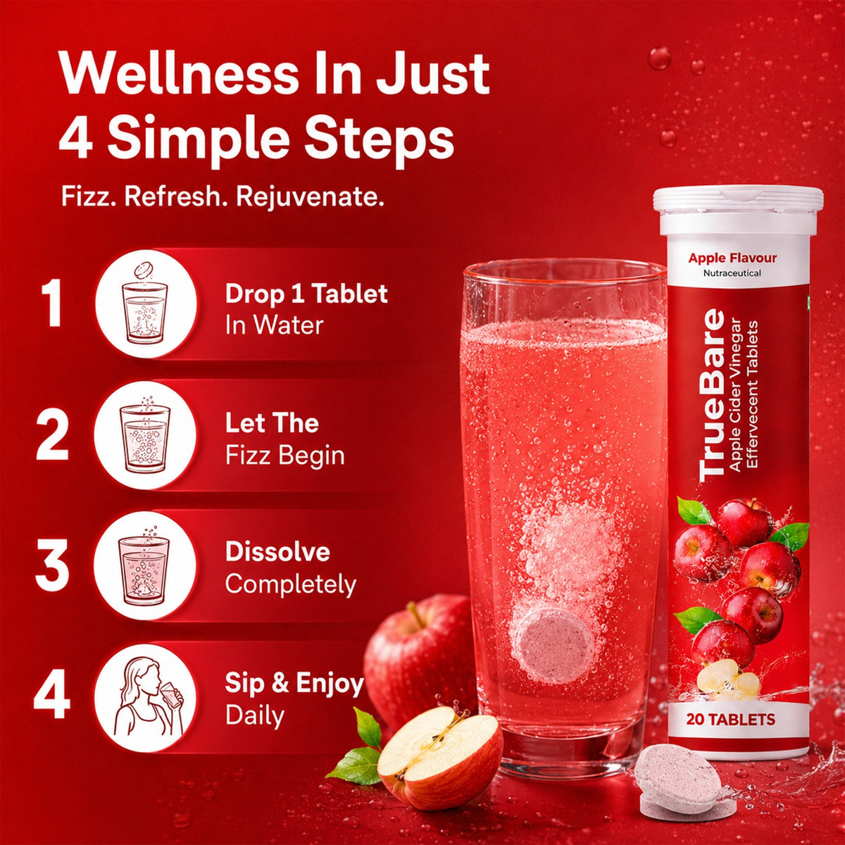 TrueBare Apple Cider Vinegar Tablets with B12 – Effervescent ACV Tablets for Energy & Digestive Wellness